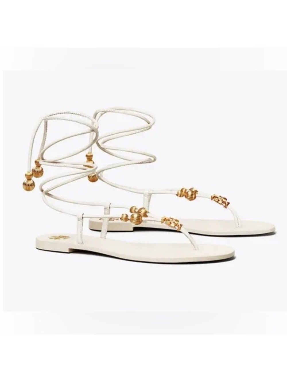 Tory Burch capri  White Leather Wrap-Around Thong Sandals with Gold Bead Accents
